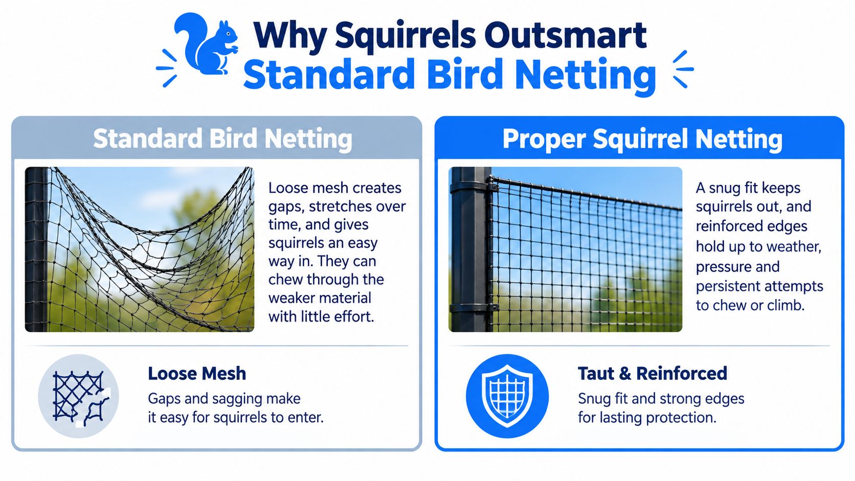 A comparison graphic showing why standard loose bird netting fails to stop squirrels versus taut squirrel netting.
