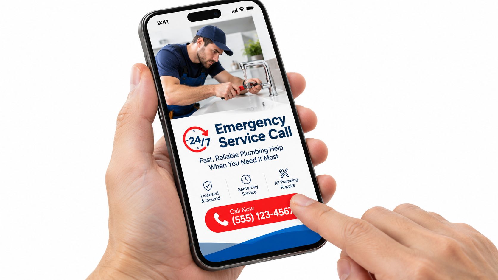 A person holding a smartphone displaying an advertisement for 24-7 emergency plumbing services with a contact number.