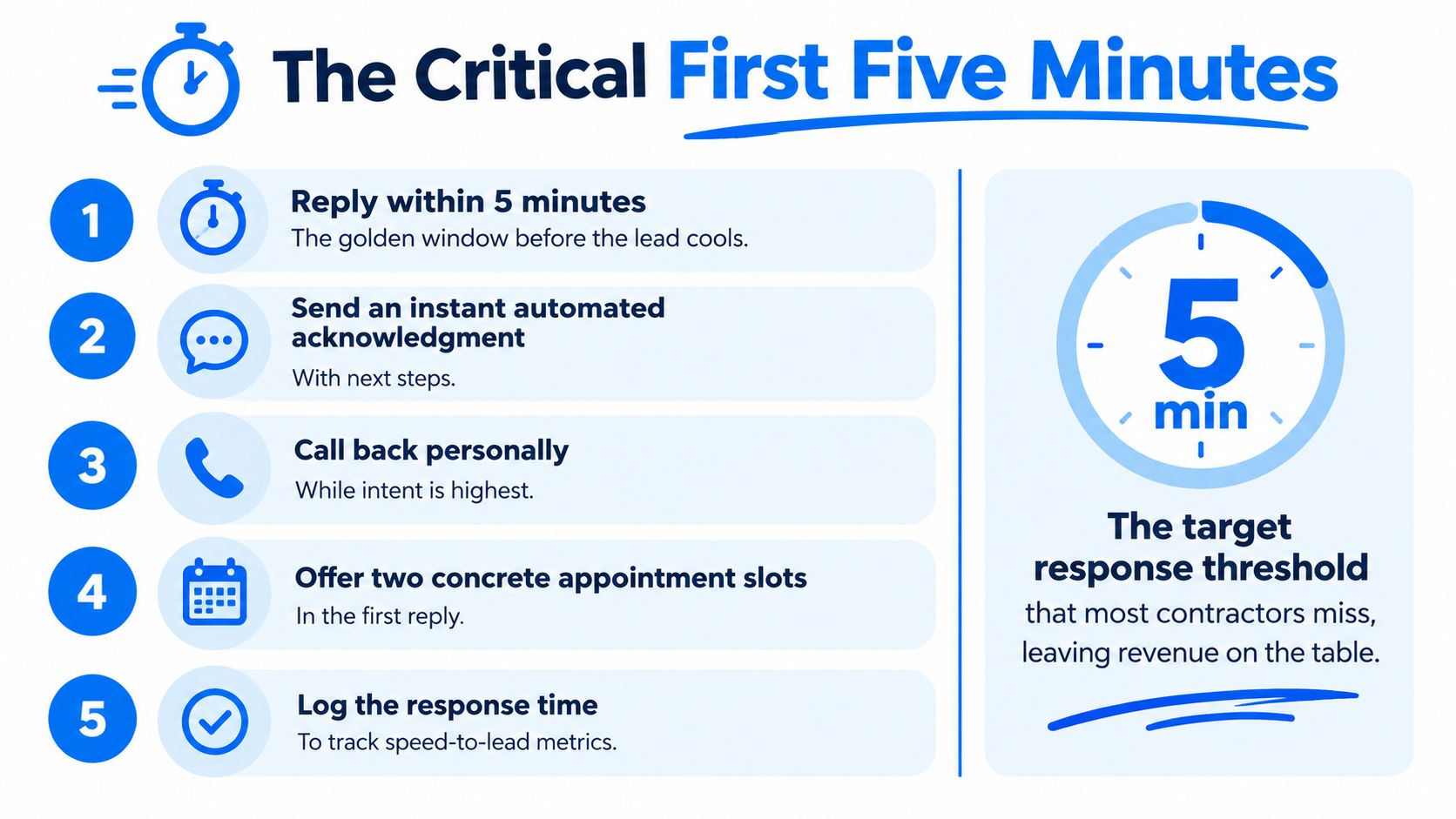 An infographic titled The Critical First Five Minutes outlining strategies for rapid lead response in marketing.