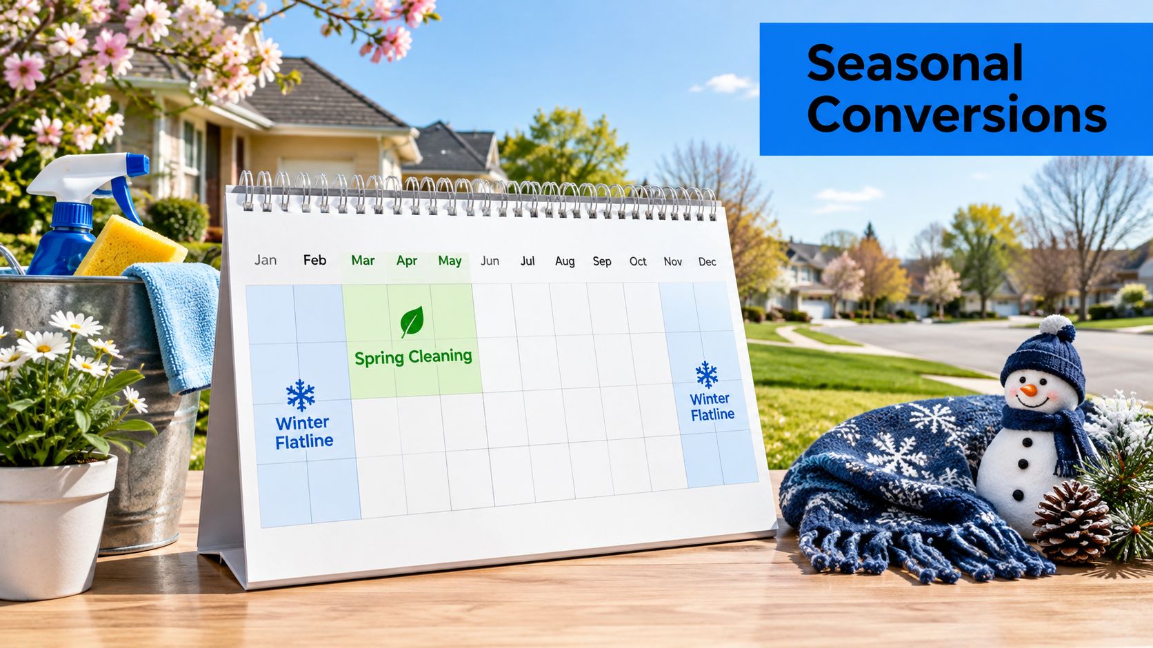 A calendar on a table showing seasonal trends for spring cleaning and winter flatline marketing periods.