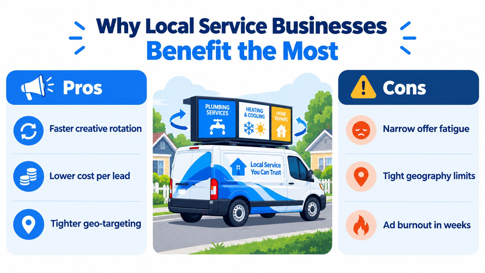 An infographic illustrating the pros and cons of digital advertising for local service businesses using van visuals.