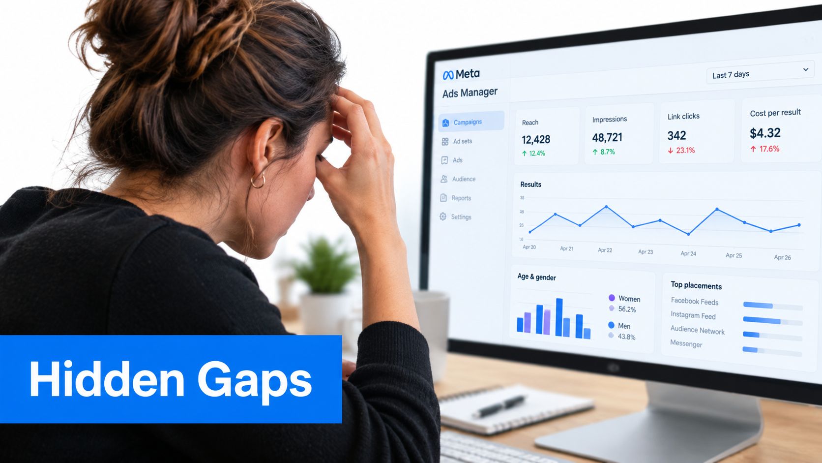 A stressed woman sitting at her desk looking at a Meta Ads Manager performance dashboard on computer.