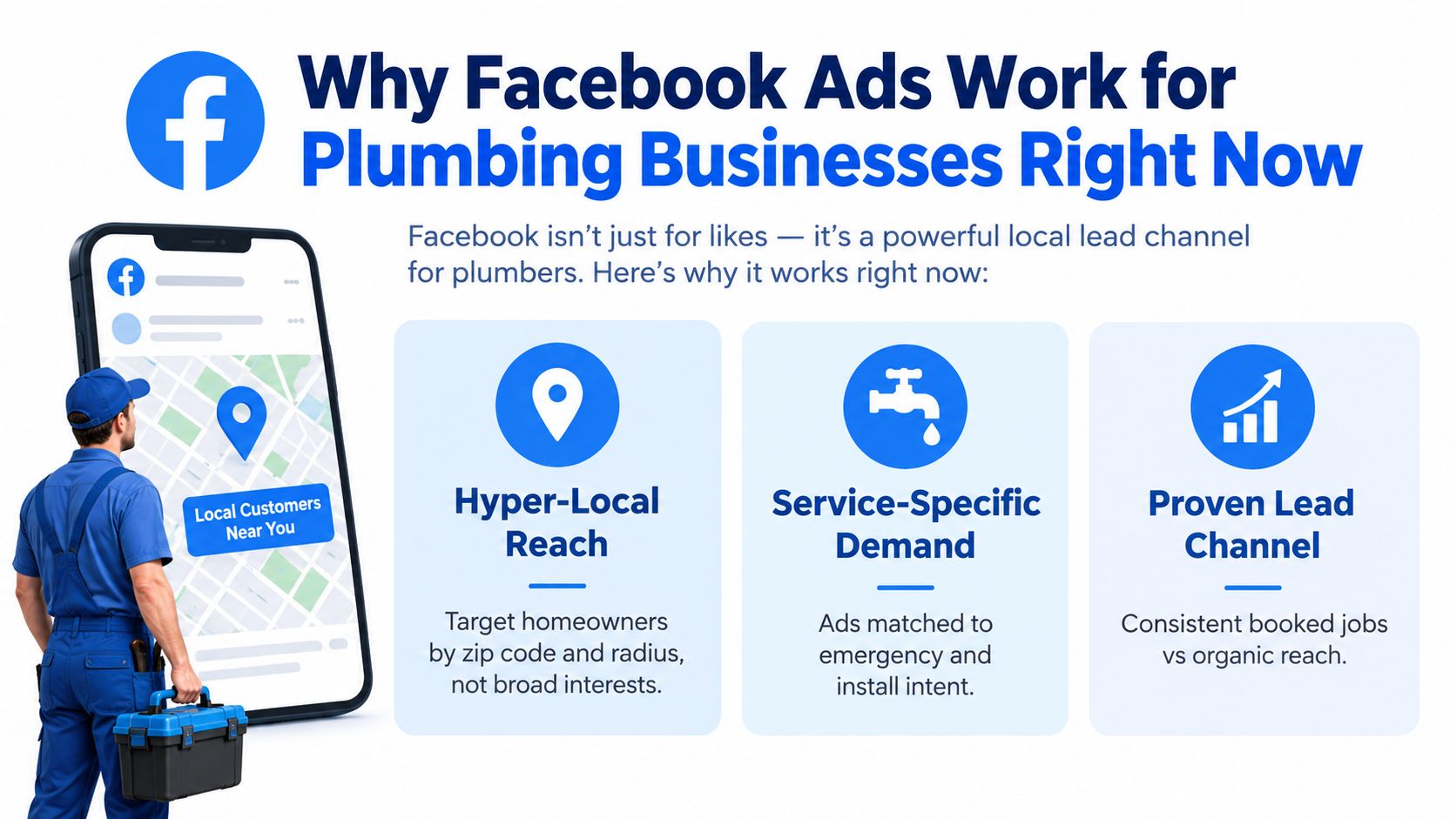 A professional plumber stands next to a smartphone screen highlighting local lead generation for plumbing services.