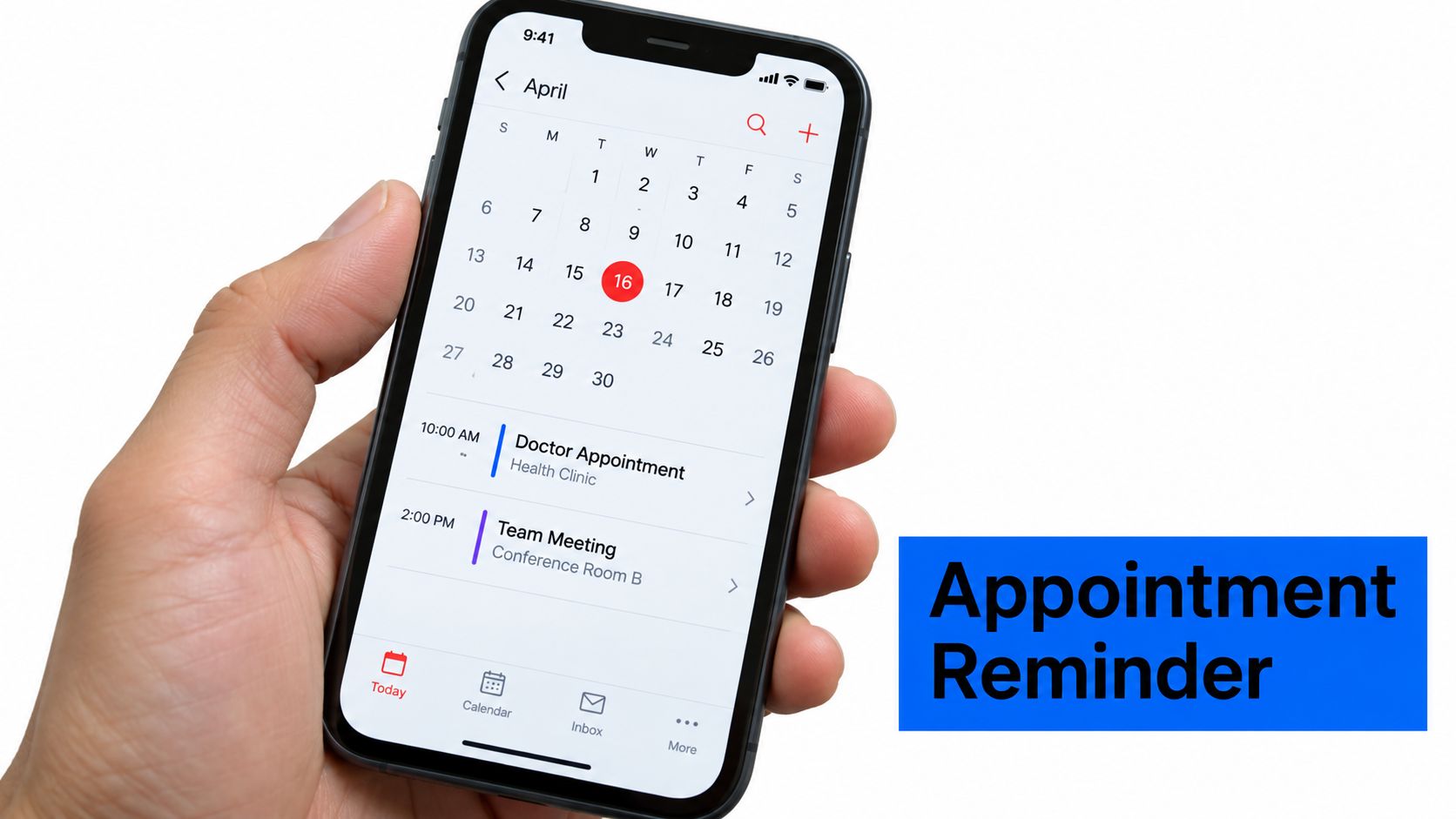A hand holding a smartphone displaying an April calendar app with appointment reminders and a blue overlay.