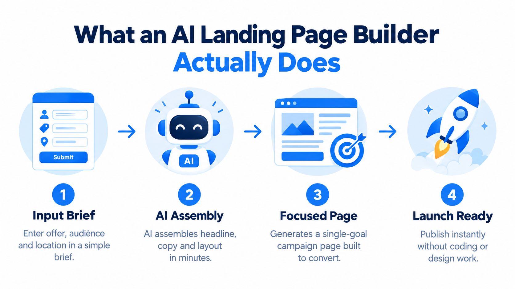 A four-step infographic explaining how an AI landing page builder automates the website creation process.