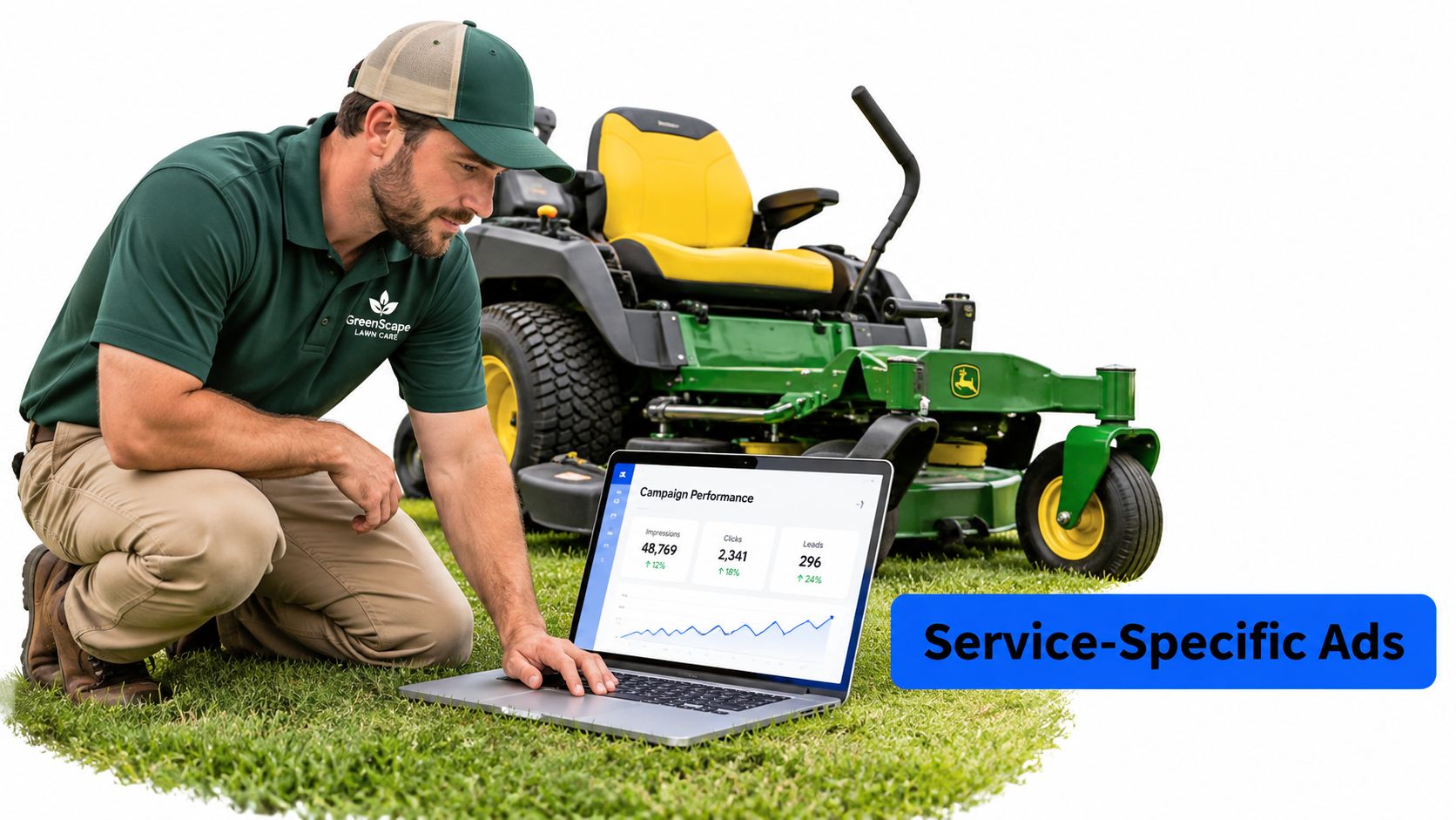 A lawn care business owner kneeling in the grass and checking marketing analytics on a laptop.