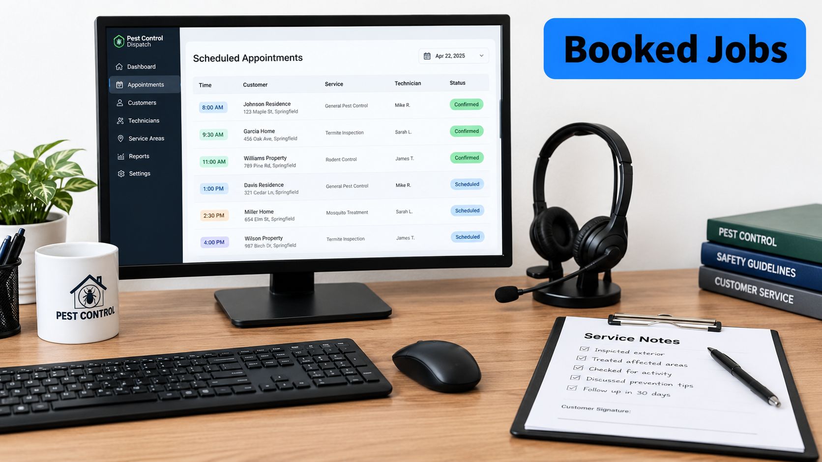 A pest control marketing setup featuring a monitor with a scheduling dashboard, headset, and service notes clipboard.