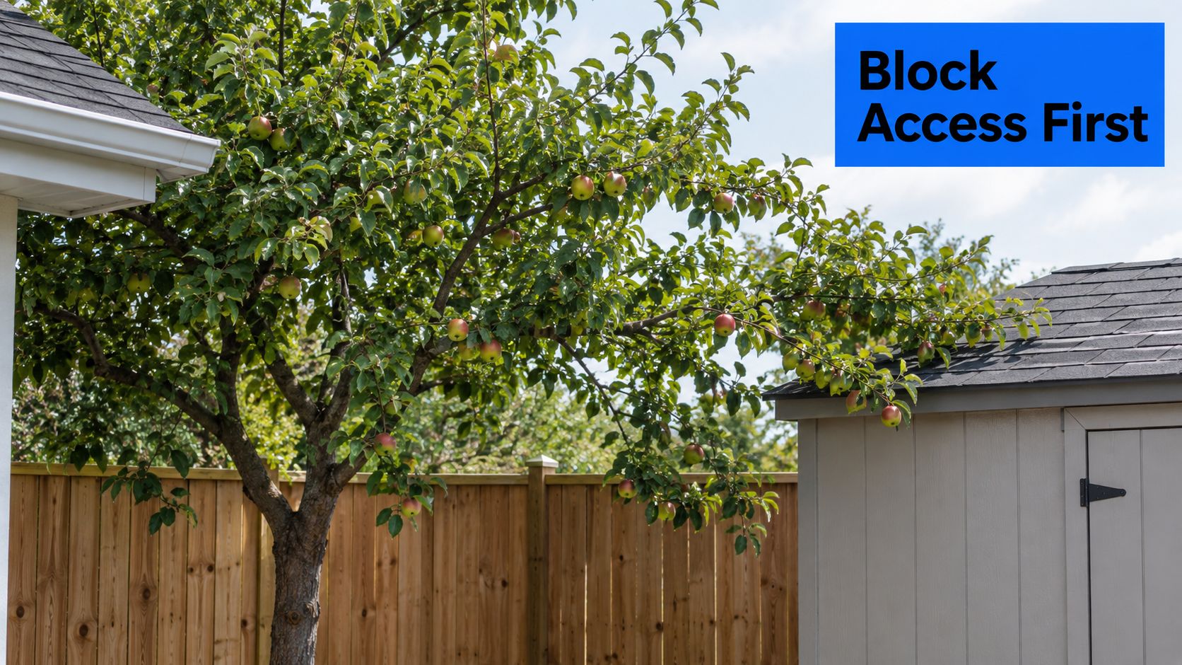 A healthy apple tree laden with fruit growing in a backyard next to a storage shed.