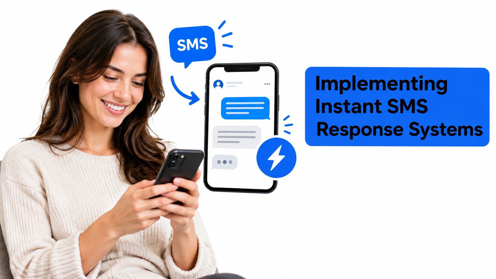 A woman smiling while looking at her smartphone with an illustration of instant SMS response technology.