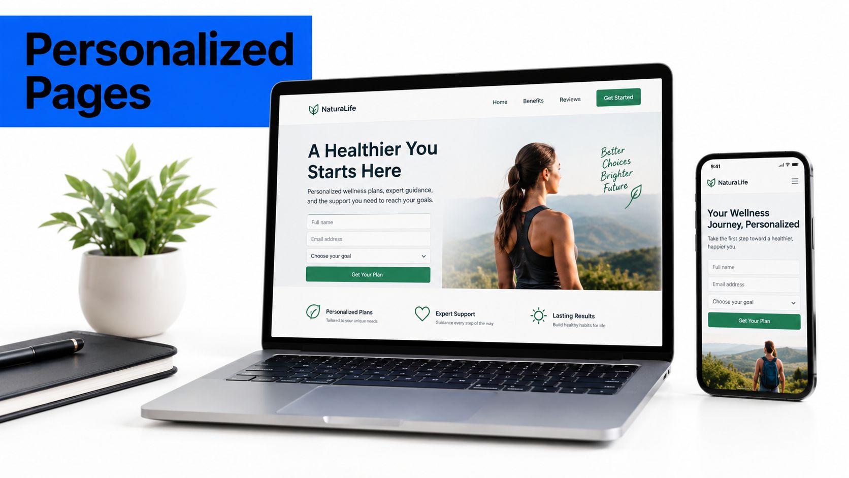 A laptop and smartphone displaying a personalized wellness website design on a clean desk workspace.