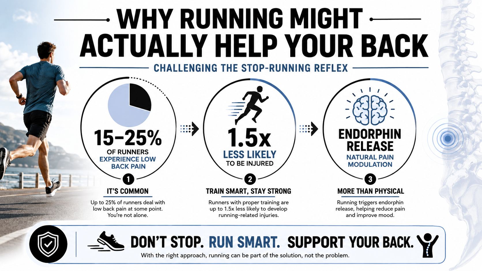 An infographic explaining how running can help with back pain, including statistics and benefits.