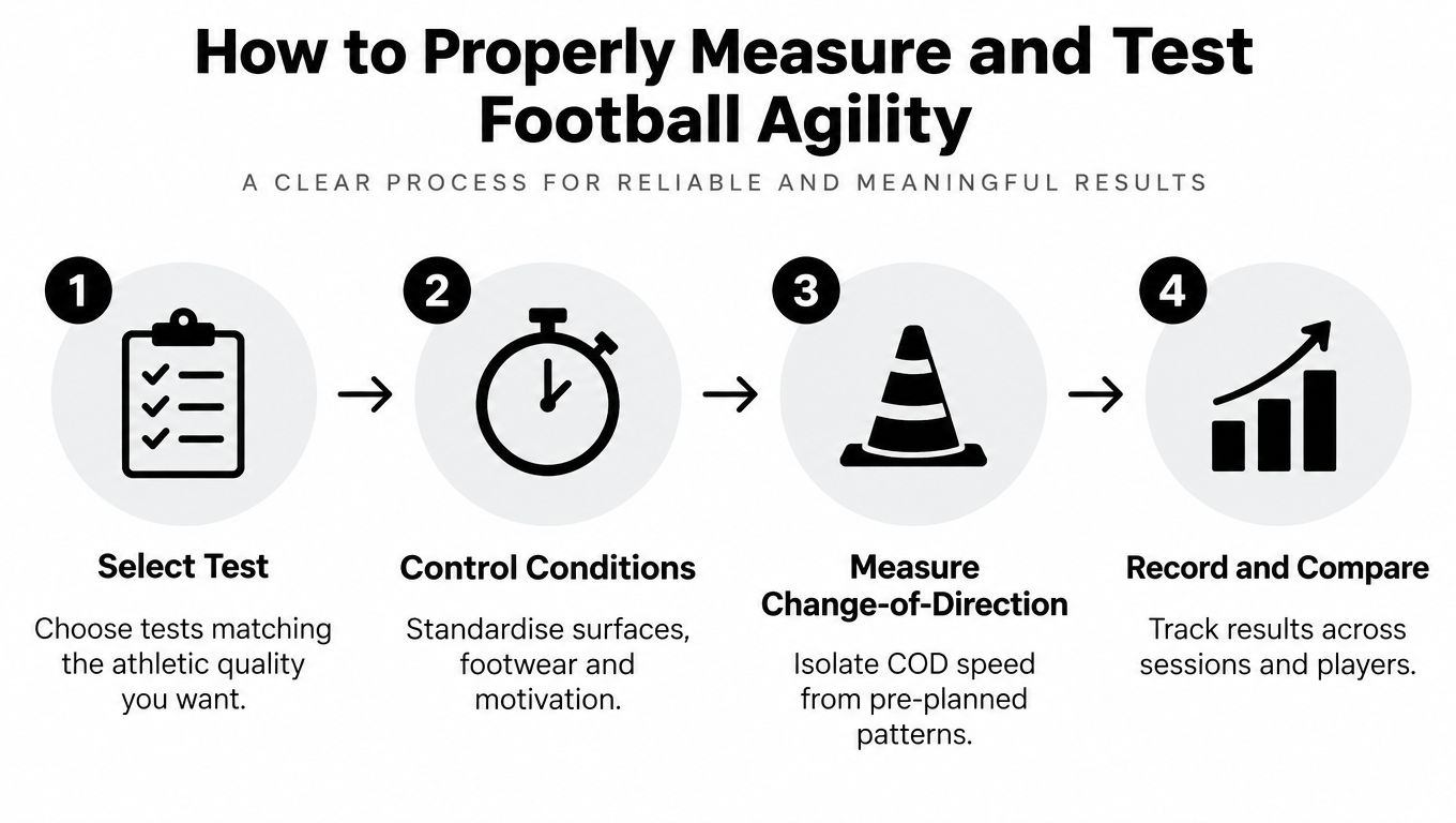 A four-step infographic illustrating the clear, standard process for properly measuring and testing football agility performance.