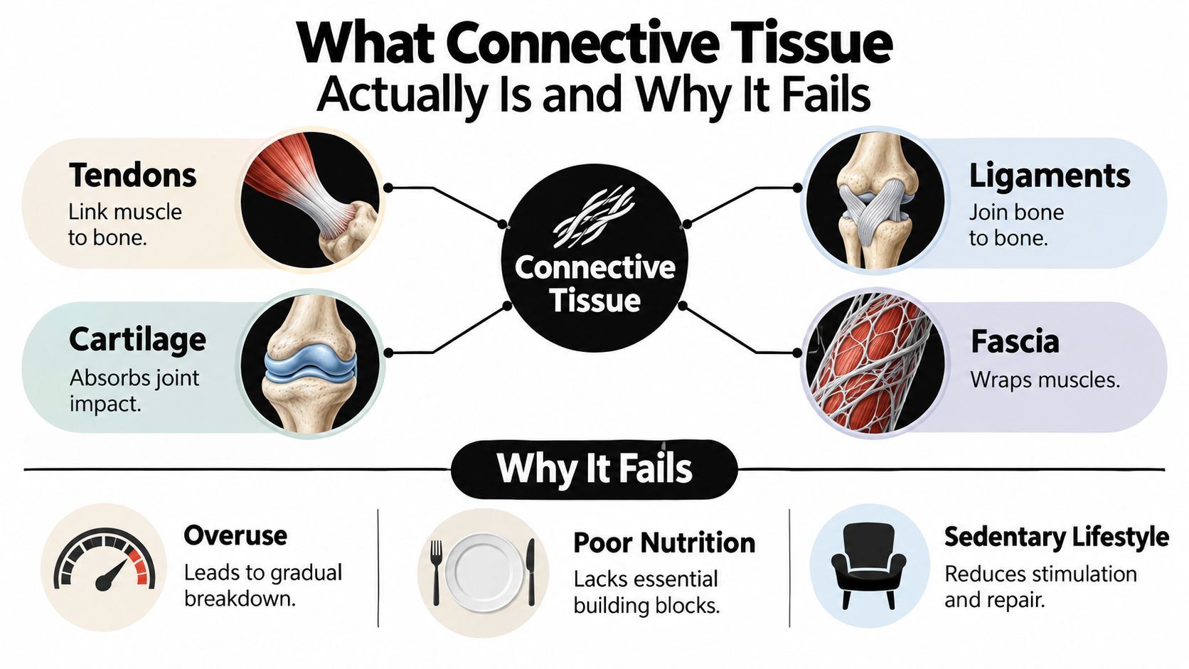 A diagram explaining connective tissues such as tendons, ligaments, cartilage, and fascia, and why they fail.