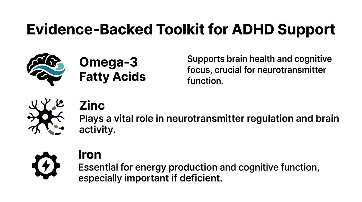 An infographic titled Evidence-Backed Toolkit for ADHD Support, listing omega-3 fatty acids, zinc, and iron supplements.
