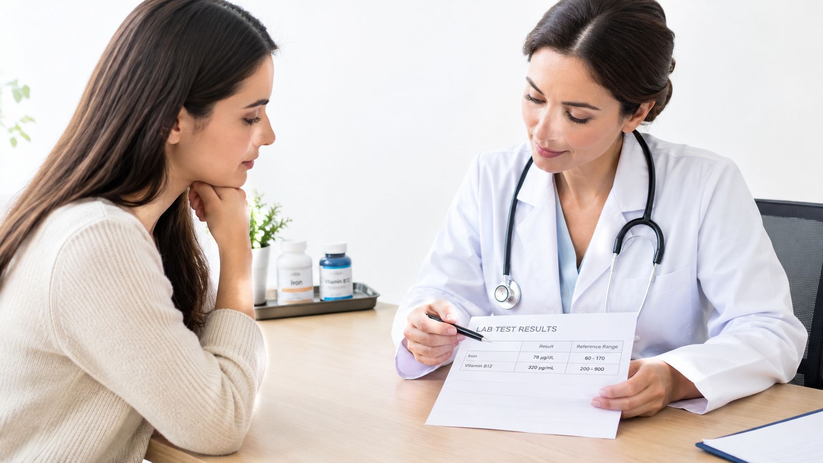 A female doctor in a white lab coat reviewing lab test results with a patient in an office.