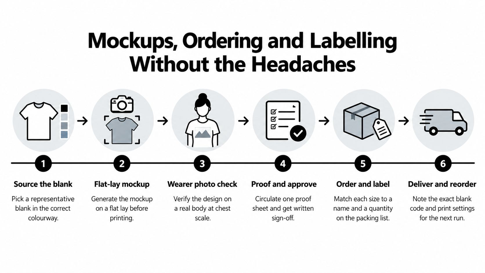 A six-step process infographic illustrating the workflow for custom apparel mockups, ordering, and product labeling.