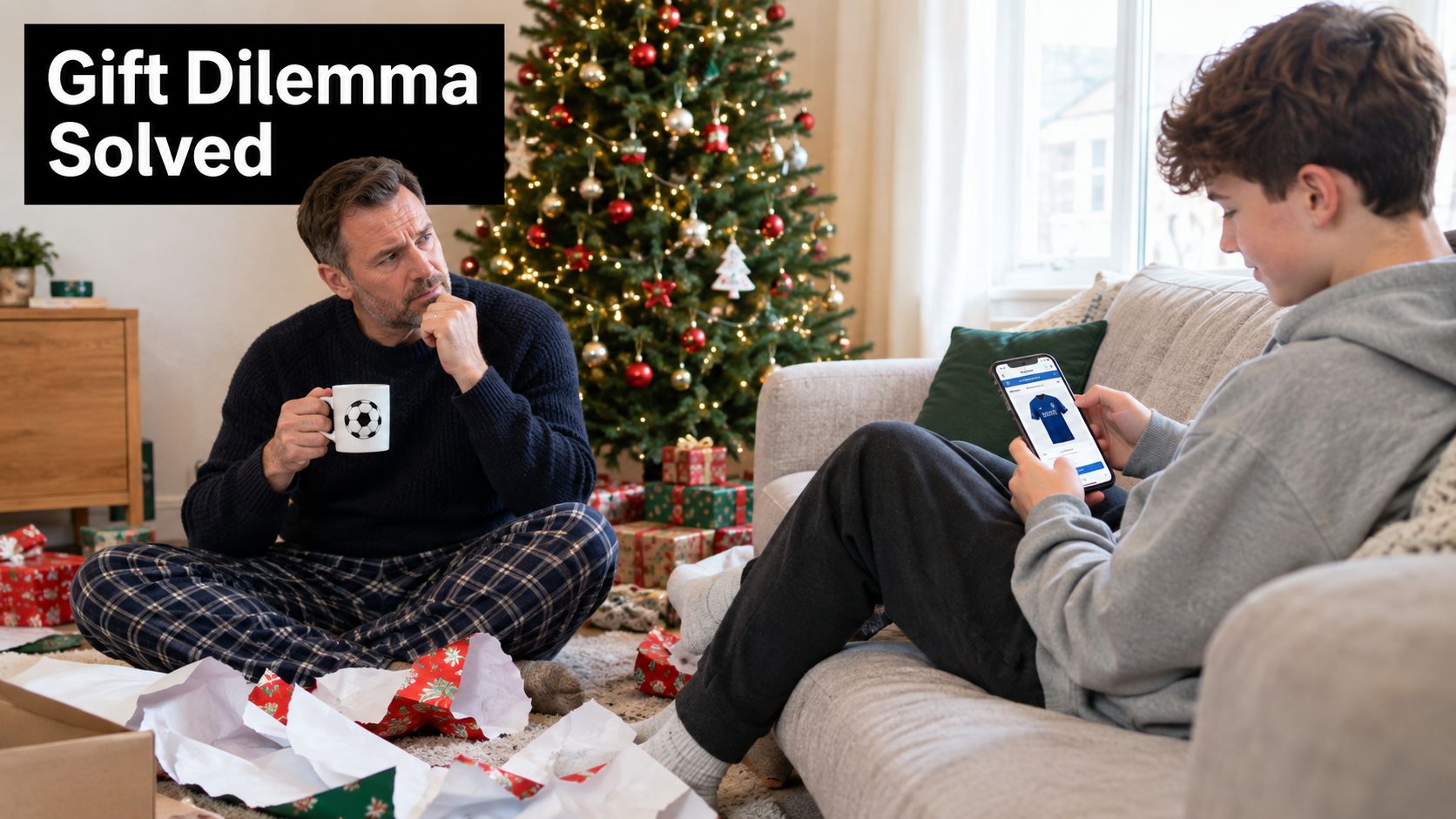 A father and son sitting in a living room during Christmas with presents and a mobile phone.