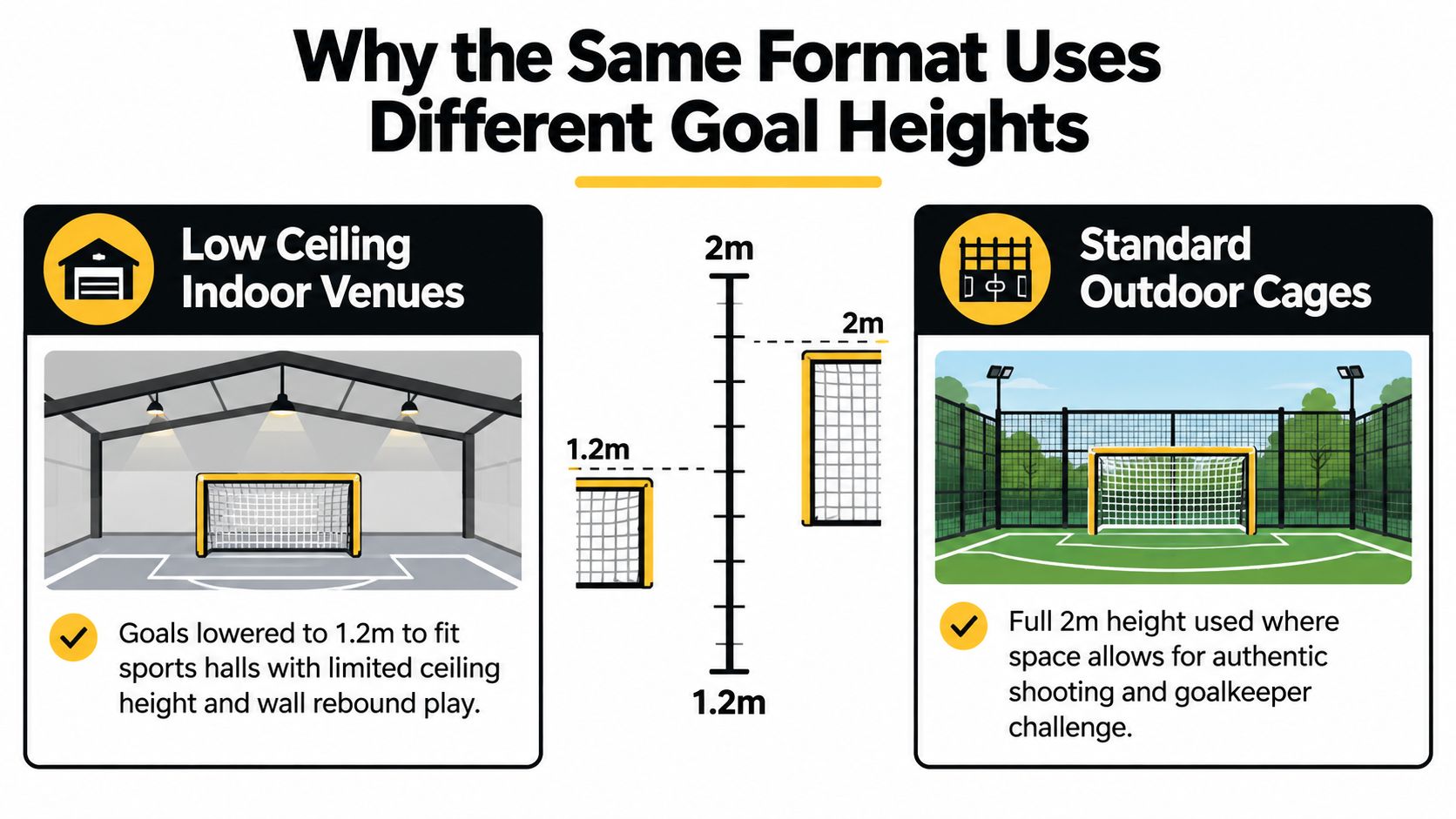 A comparison graphic showing different football goal heights for indoor venues at 1.2m and outdoor cages at 2m.