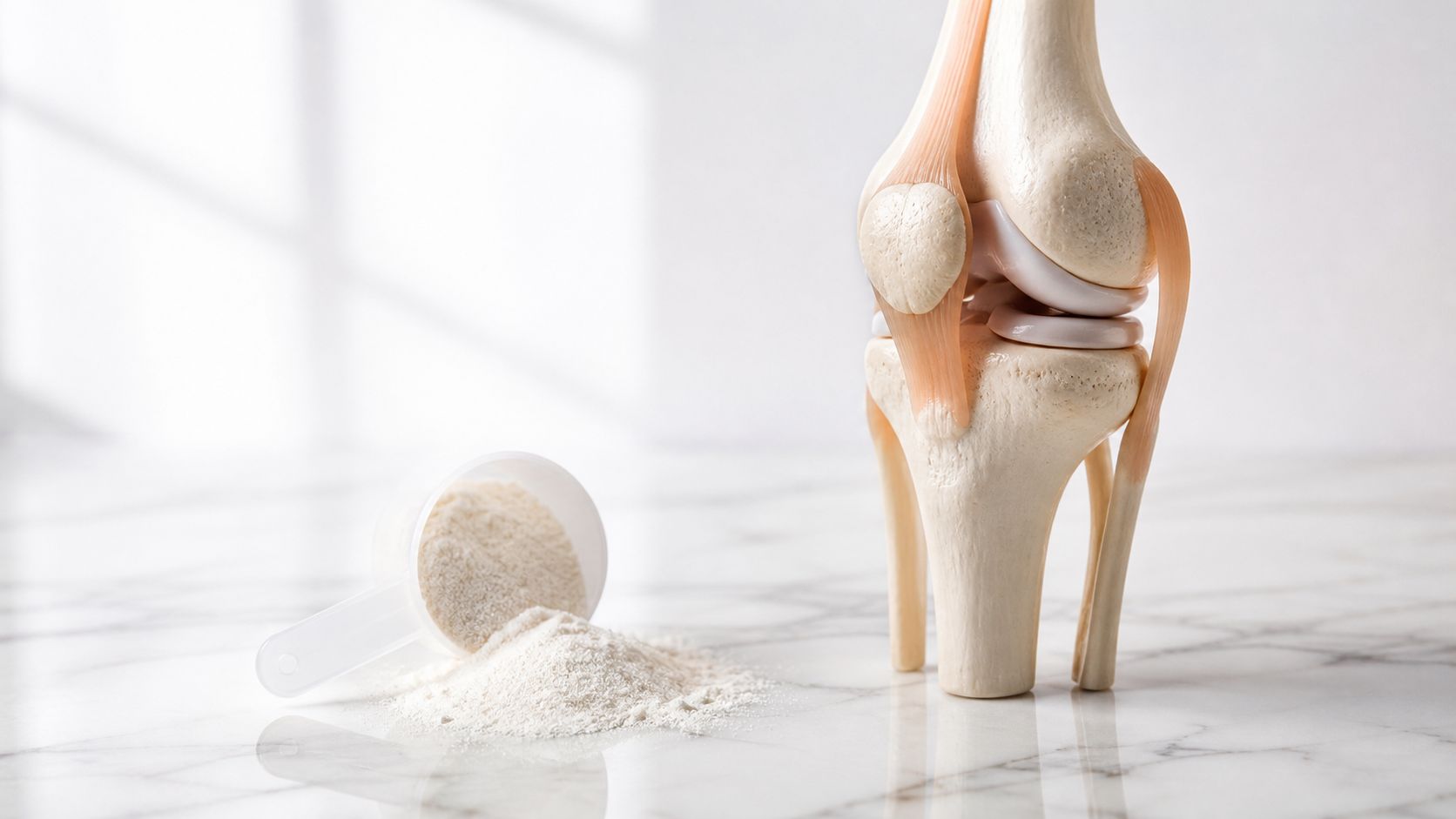 A scoop of collagen powder placed next to a detailed anatomical model of a human knee joint.
