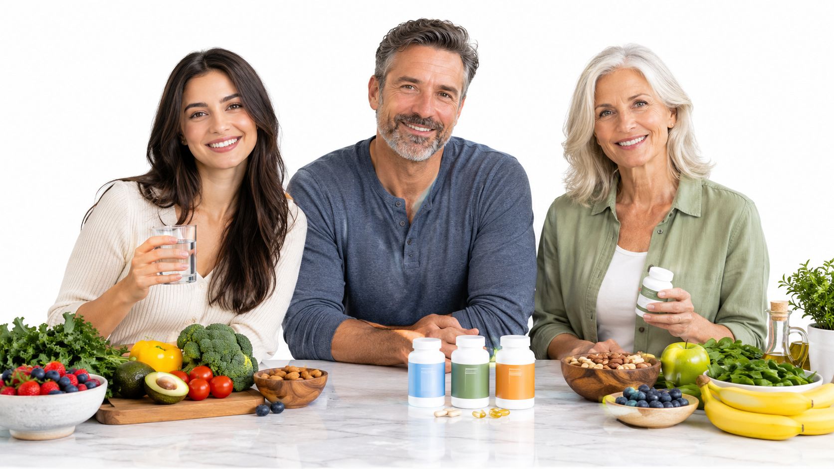 A healthy group of diverse adults sitting at a table with fresh vegetables, fruit, nuts, and supplement bottles.