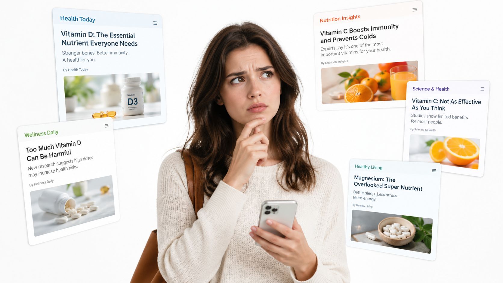 A confused young woman holding a smartphone surrounded by conflicting health articles about various vitamin supplements.