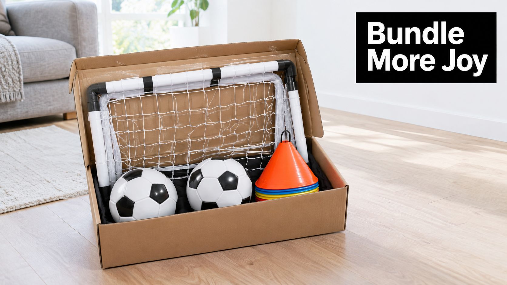 A cardboard box containing a mini soccer goal, two soccer balls, and colorful sports cones.