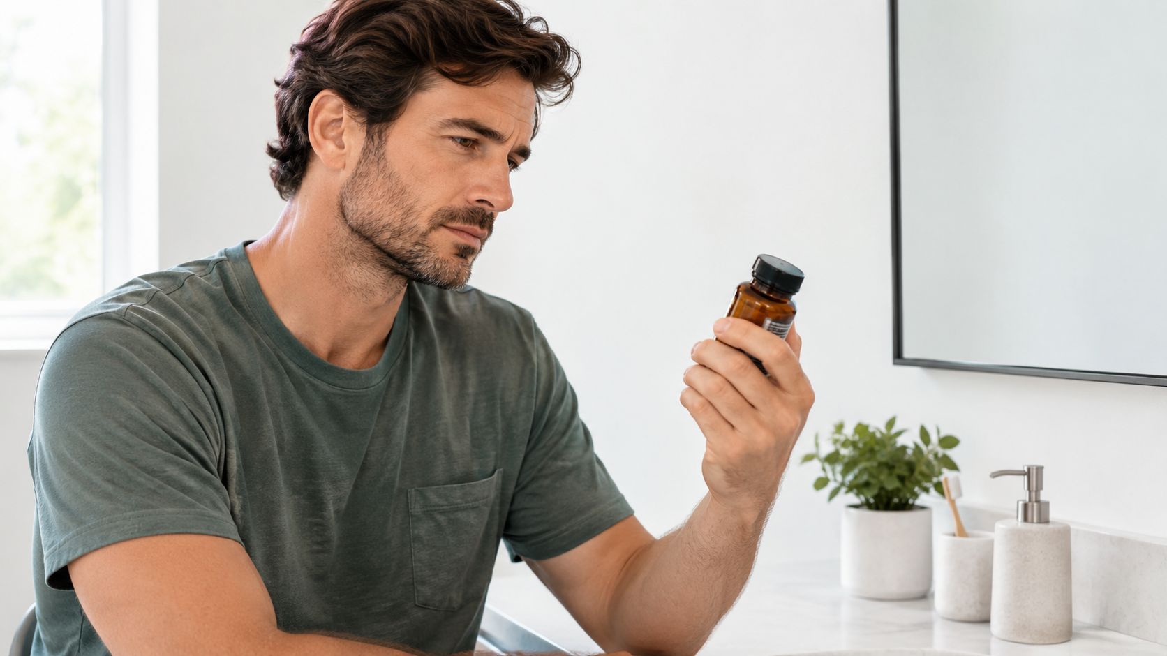 A man with stubble looks thoughtfully at a small amber pill bottle in a bright bathroom.