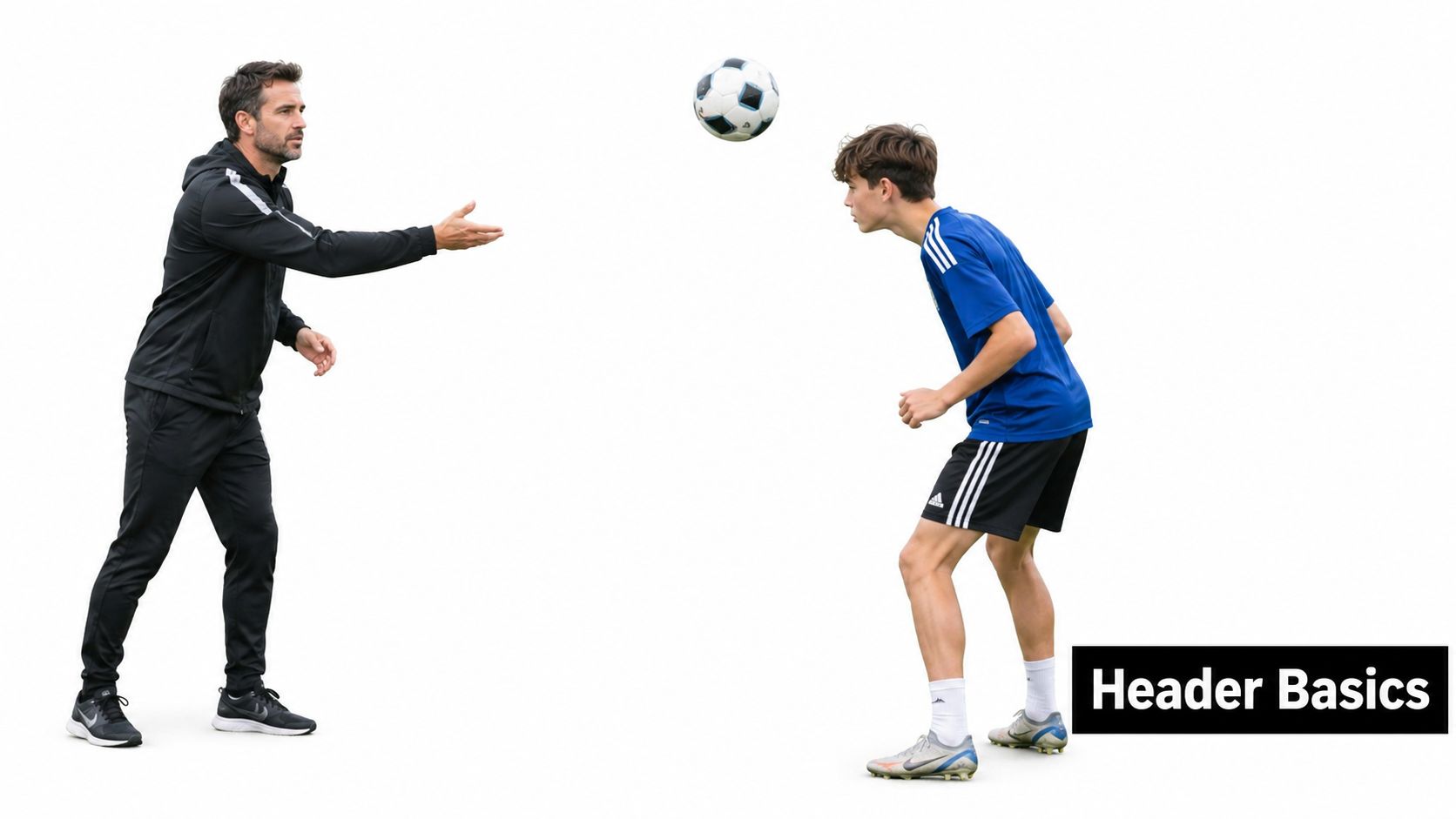 A soccer coach teaching a young player the proper technique for heading a soccer ball.