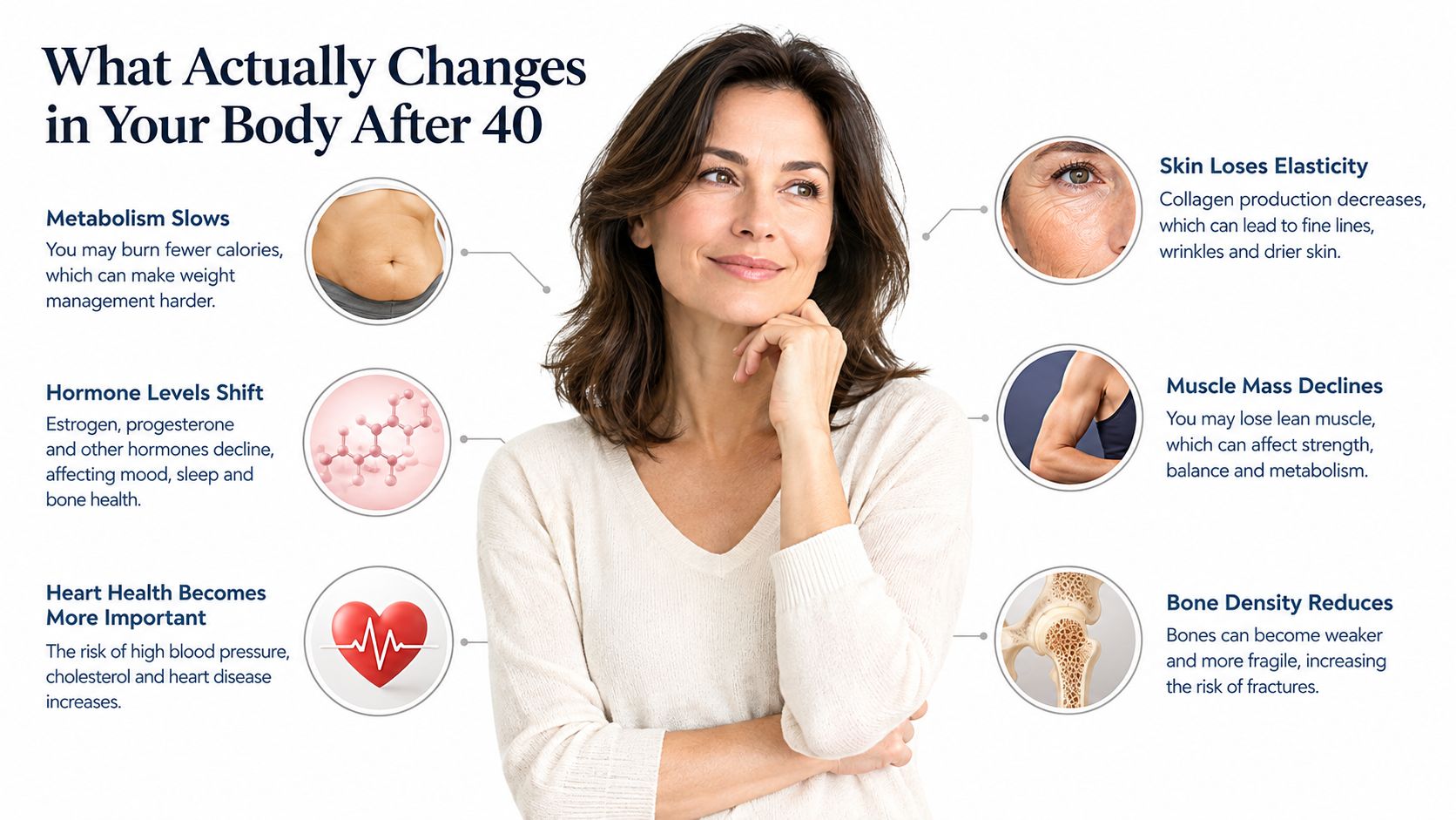 A woman thinking while an infographic illustrates biological changes in the human body after age forty.