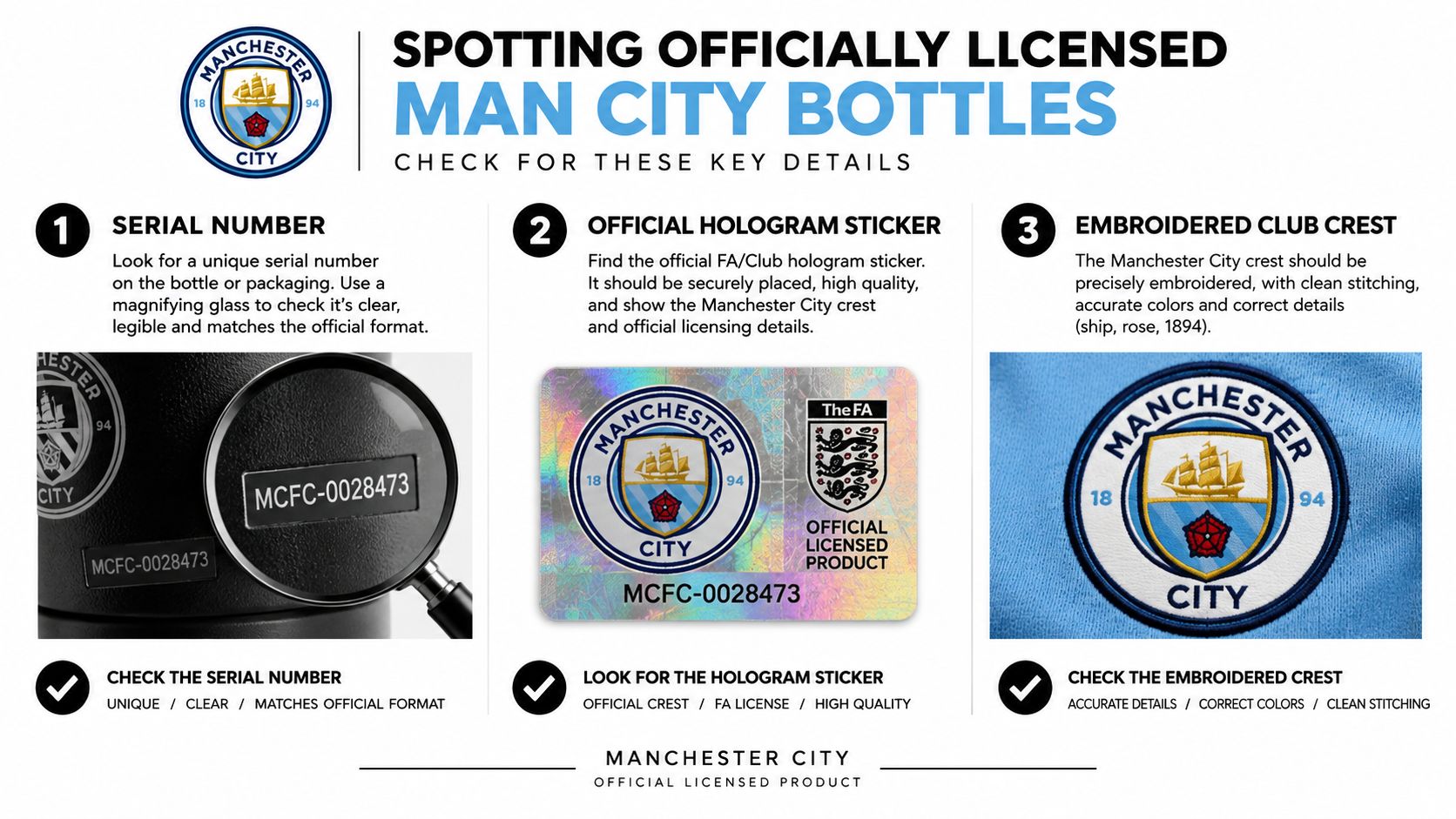 An infographic showing three key methods for identifying an officially licensed Manchester City water bottle product.