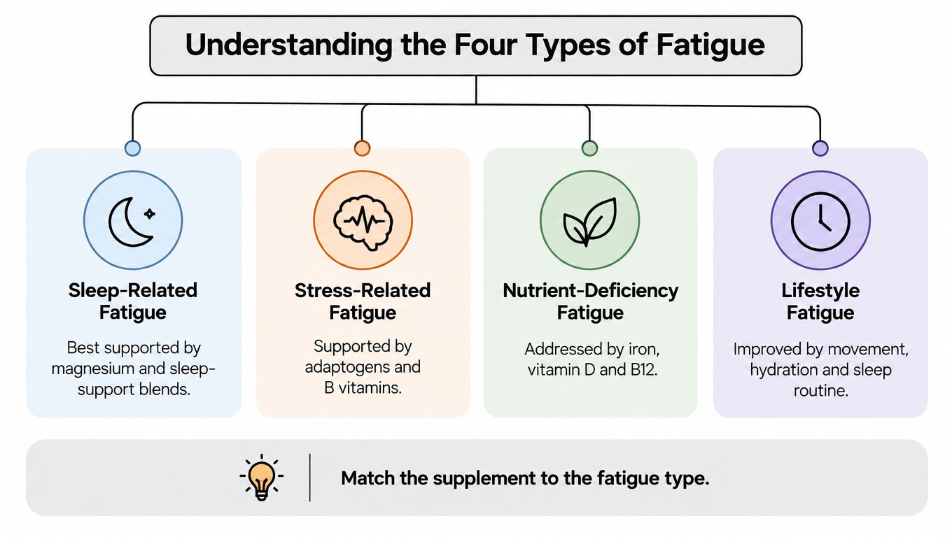 An infographic titled Understanding the Four Types of Fatigue with icons and descriptions for each category.