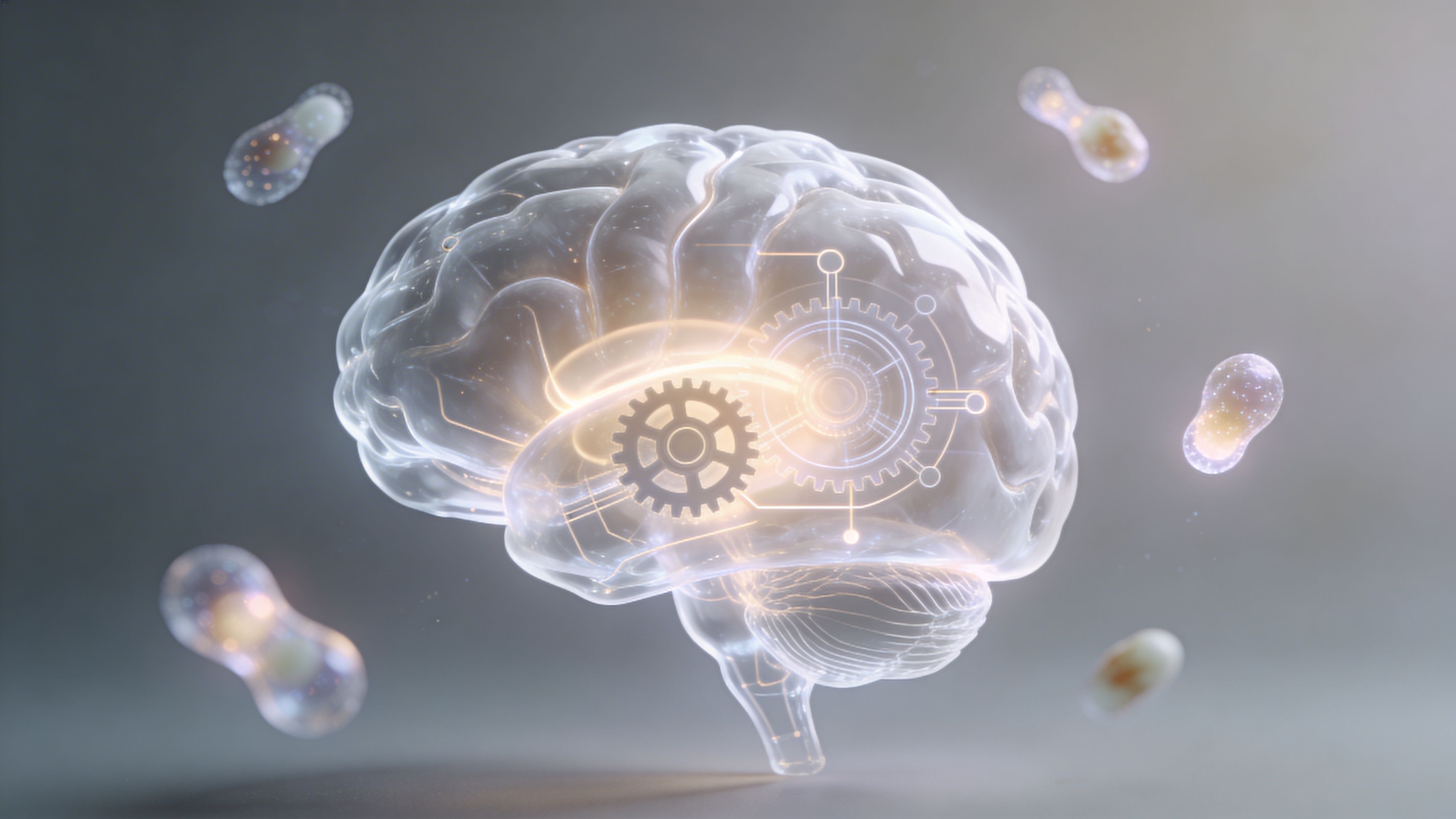 A translucent digital brain featuring gear icons floating in a modern, scientific environment with glowing particles.