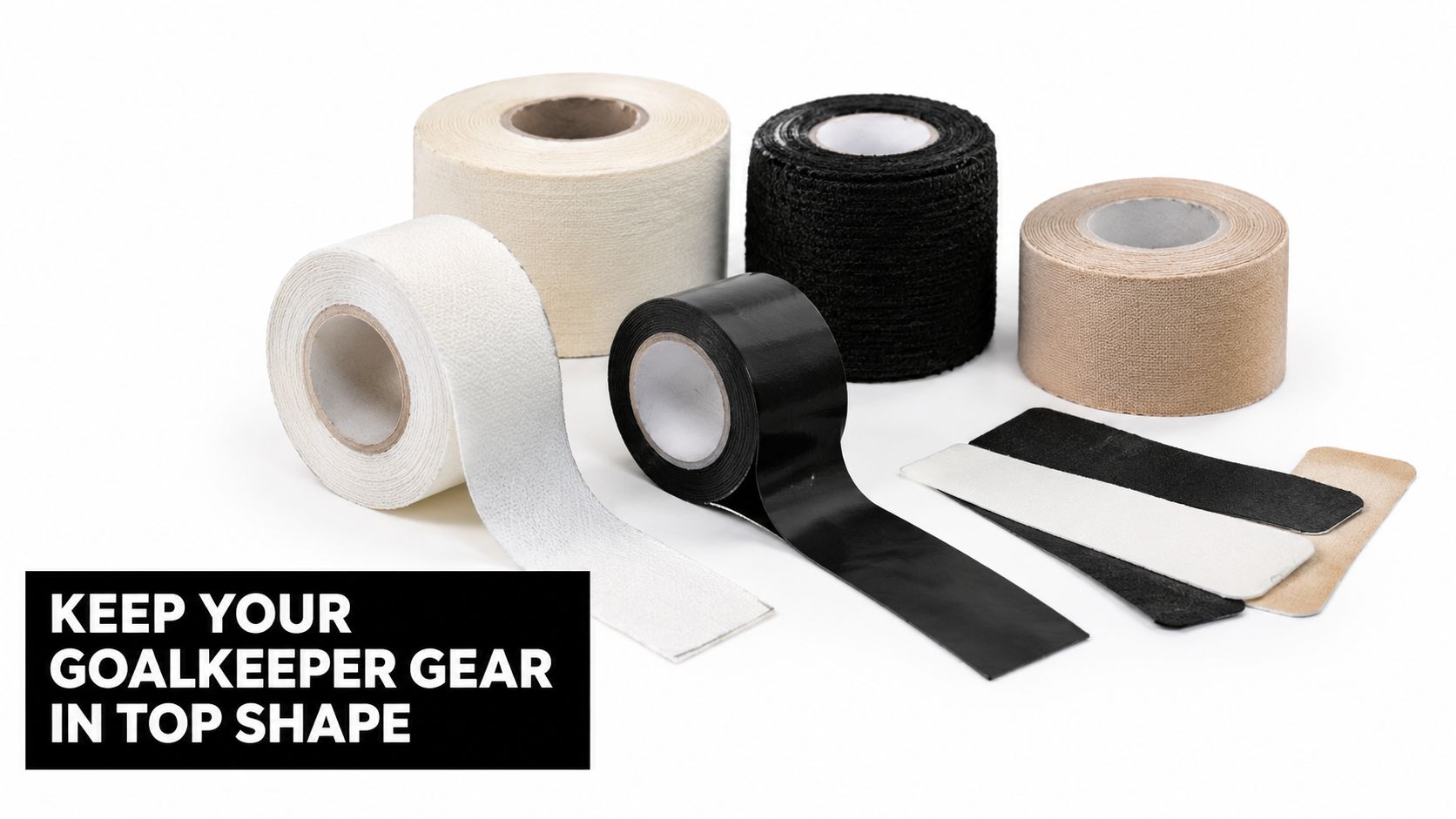 A collection of various athletic tapes and gear repair strips for goalkeeper equipment maintenance on white.