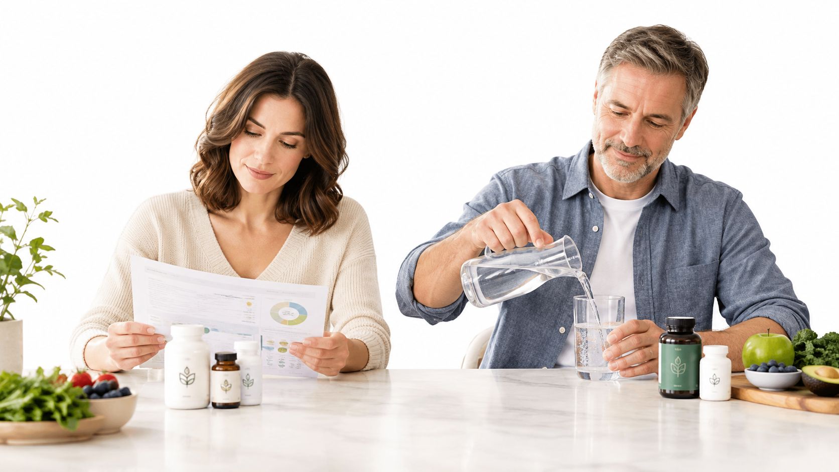 A couple sits at a kitchen table reviewing health data and taking supplements with a glass of water.