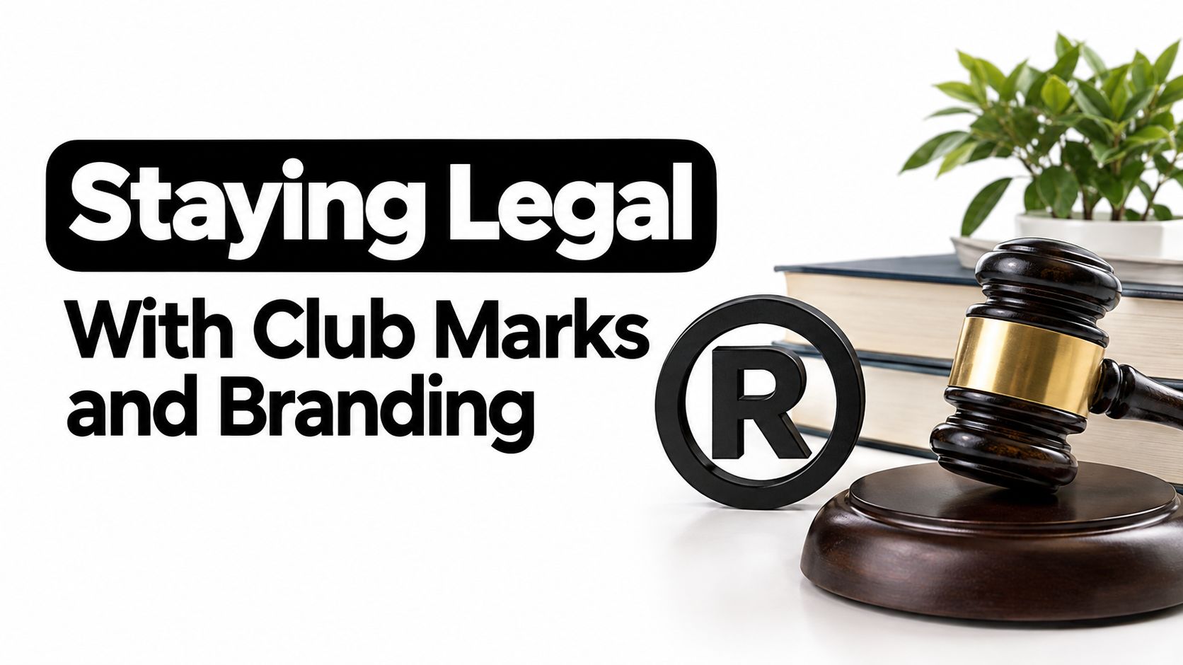 A wooden judge gavel with a registered trademark symbol on a white background with books.