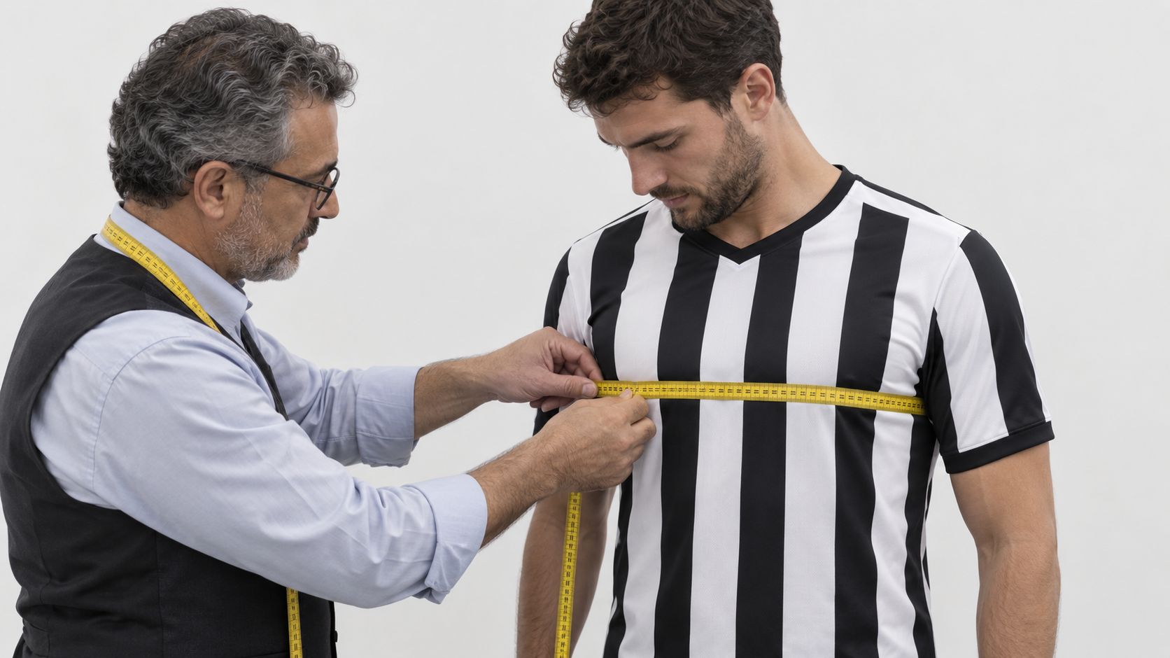 A man wearing a football jersey has his chest measured with a yellow tape measure to find the right fit.
