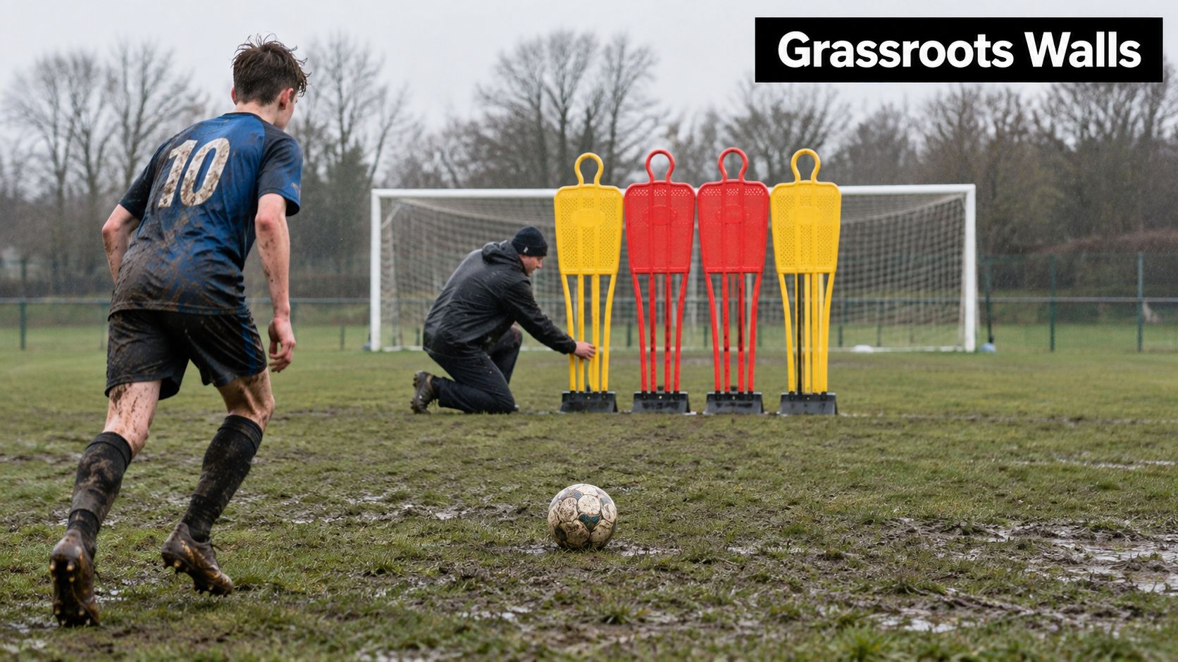 A soccer player preparing for a free kick drill with a coach adjusting training mannequins on a field.