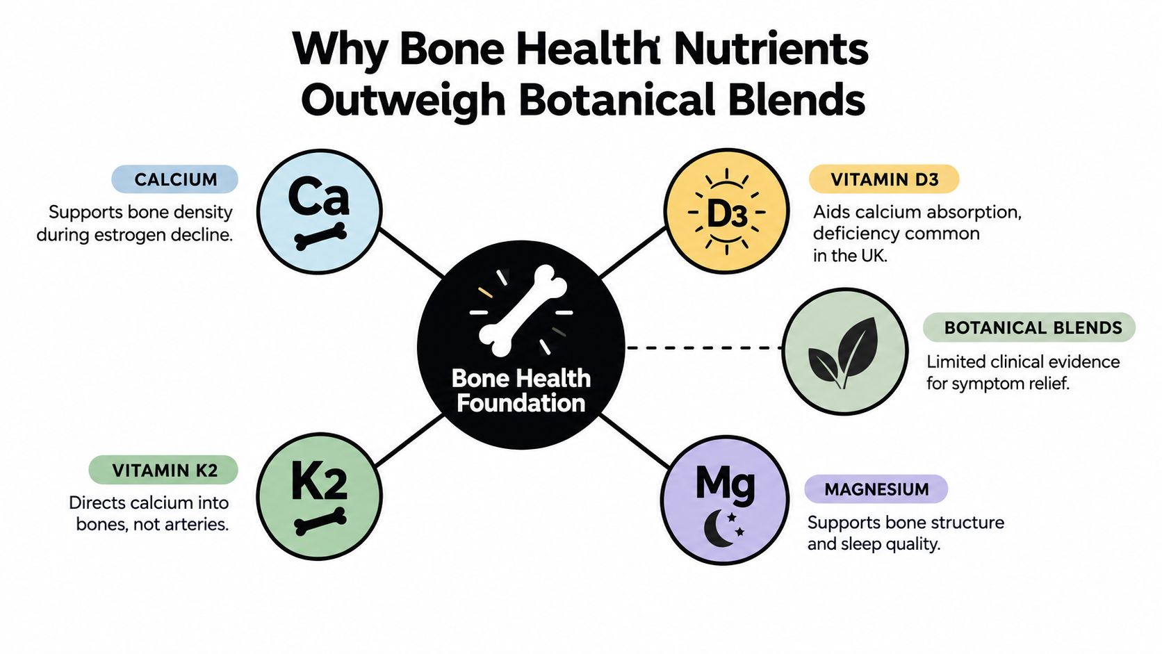 An infographic showing essential nutrients like Calcium, Vitamin D3, K2, and Magnesium for bone health foundation.