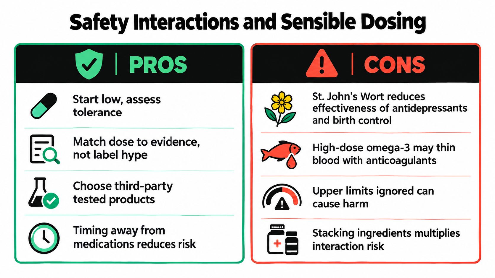 An infographic comparing pros and cons of supplement dosing and safety interactions with medications.