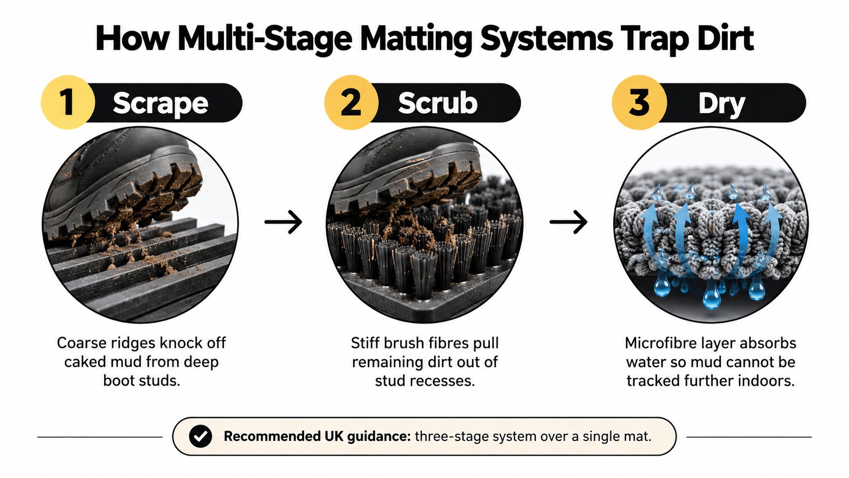 A diagram explaining how a three-stage matting system cleans muddy boots by scraping, scrubbing, and drying.
