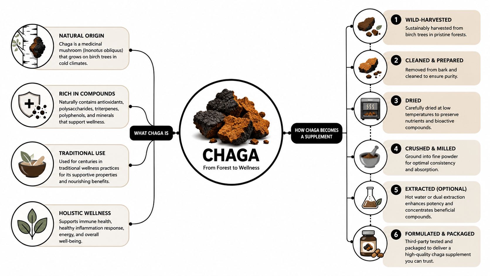 A diagram illustrating the natural origin, benefits, and the production process of chaga mushroom supplements.