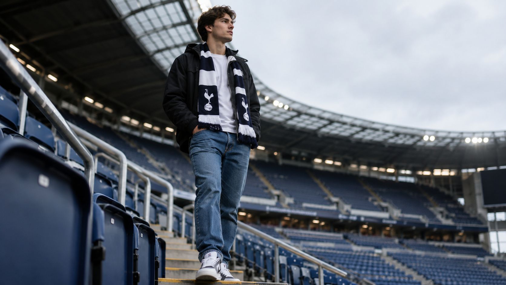 A young football fan wearing a team scarf and a layered outfit stands in the stadium stands, ready for the match.