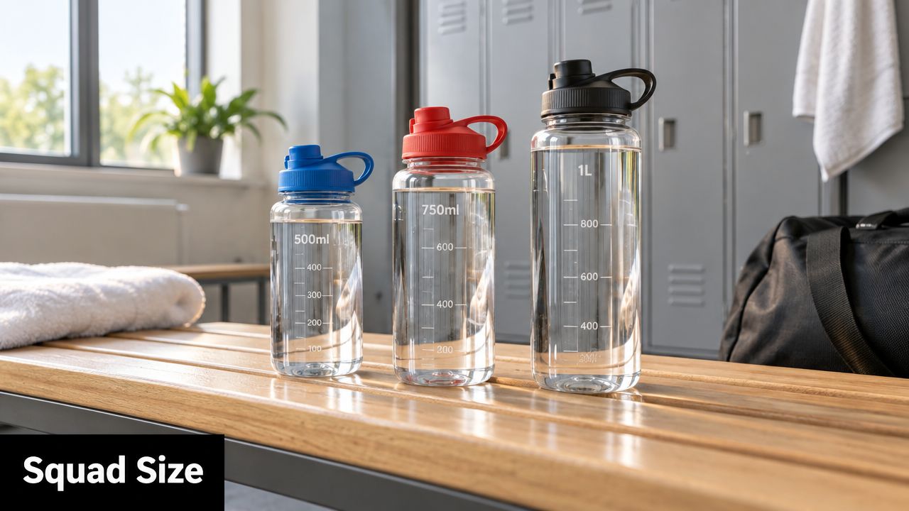 Three clear water bottles in blue, red, and black sizes arranged on a wooden gym bench.