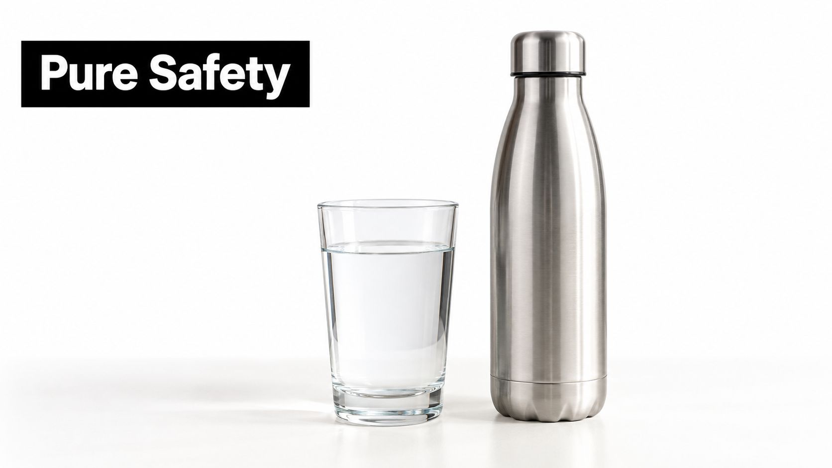 A glass of clear water next to a brushed stainless steel reusable water bottle on white background.