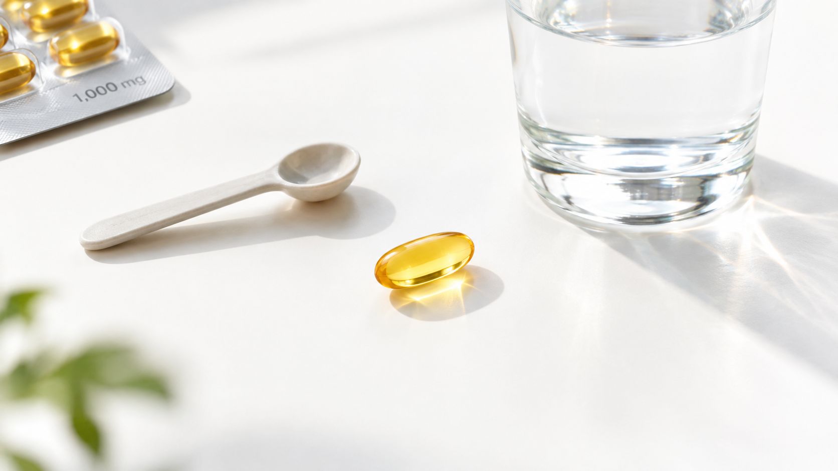 A single yellow omega-3 gel capsule lies on a white table next to a small spoon and water.