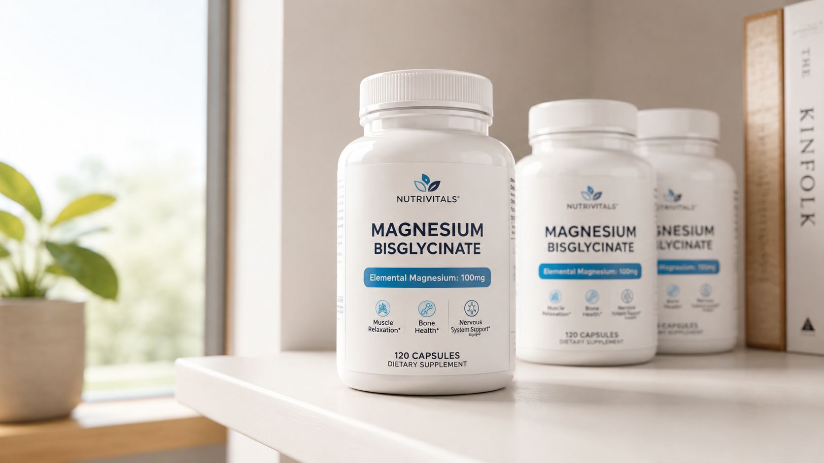 Three white bottles of Nutrivitals Magnesium Bisglycinate dietary supplements sitting on a wooden surface near a window.