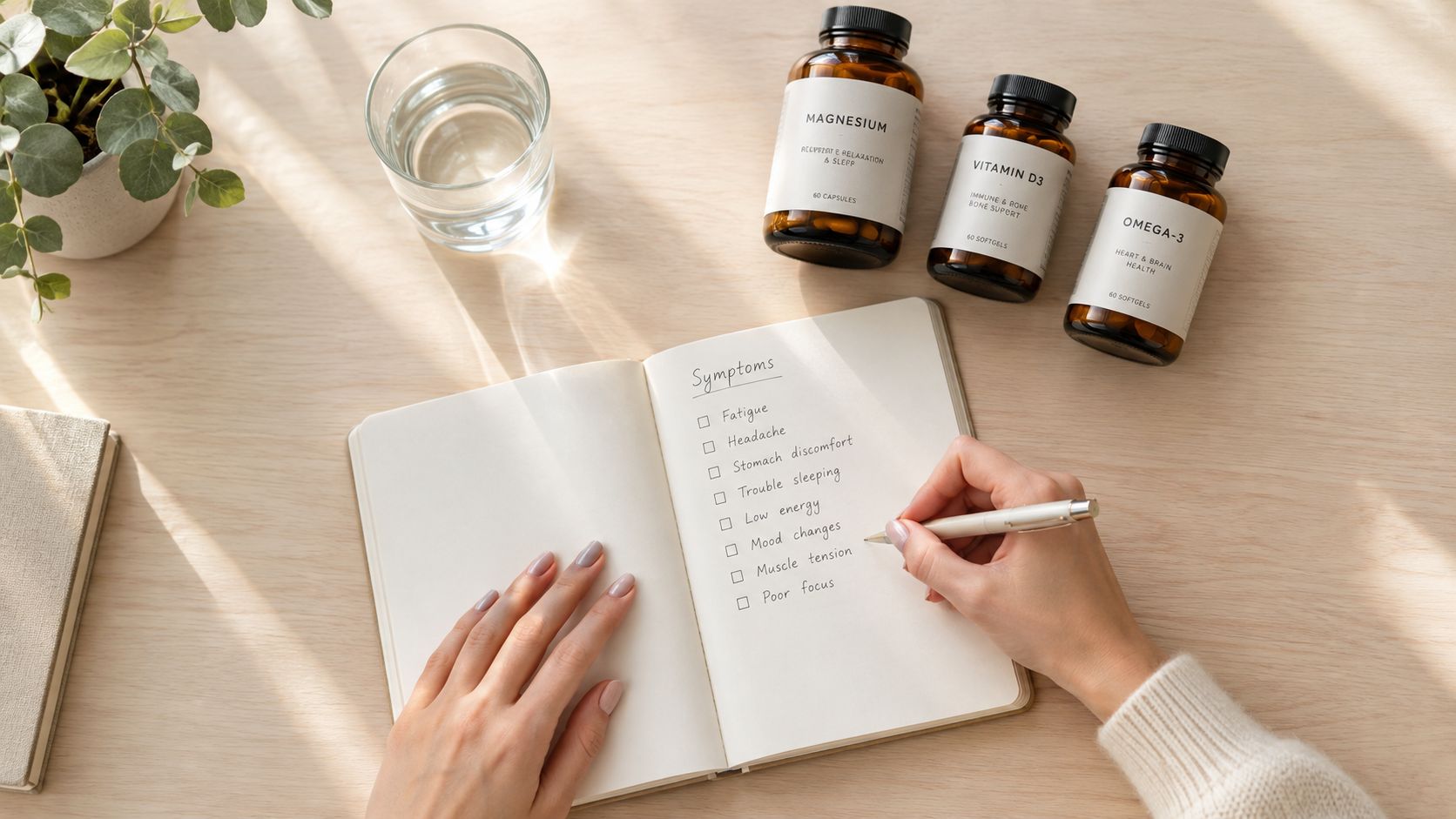 A person writing a symptom checklist next to supplements like magnesium, vitamin D3, and omega-3 on a table.