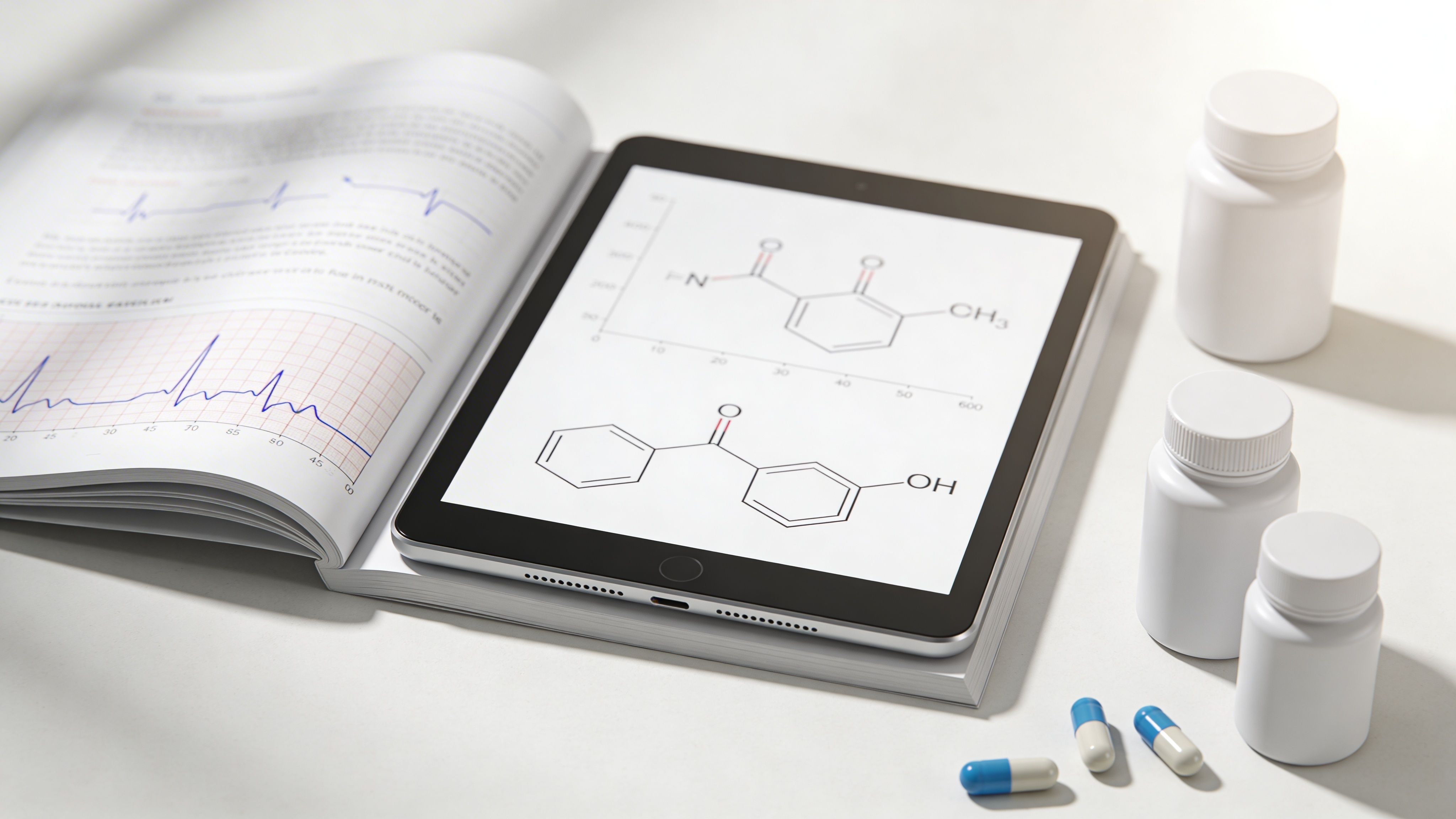 A tablet displaying chemical structures next to an open medical textbook and various pill bottles on a desk.