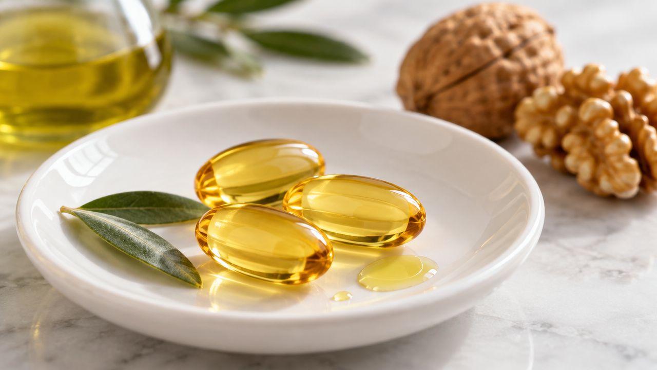 Three golden oil capsules resting on a white ceramic plate with fresh olive leaves and walnuts.