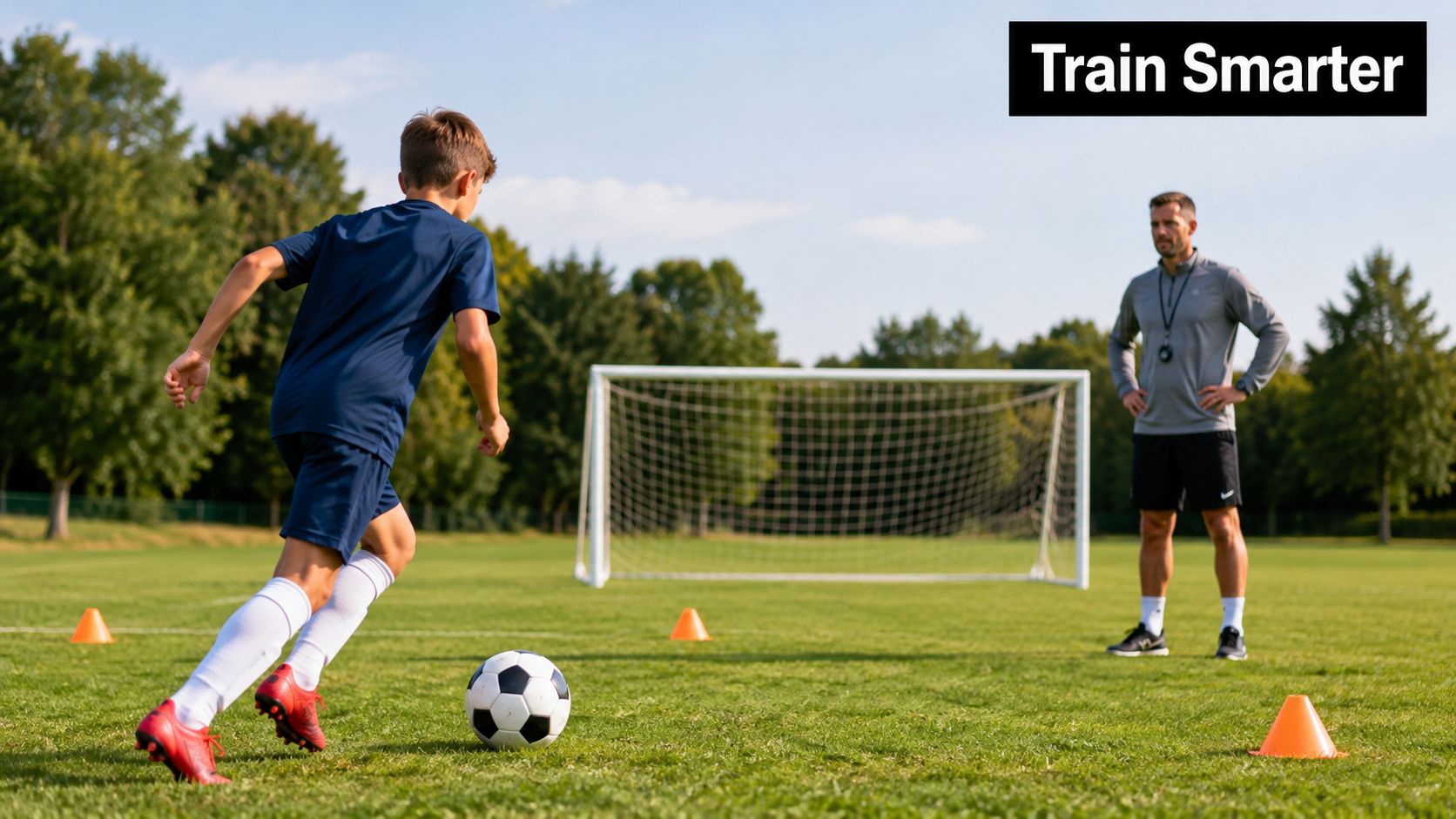 A young boy practices soccer drills with a coach on a grass field near a goal.